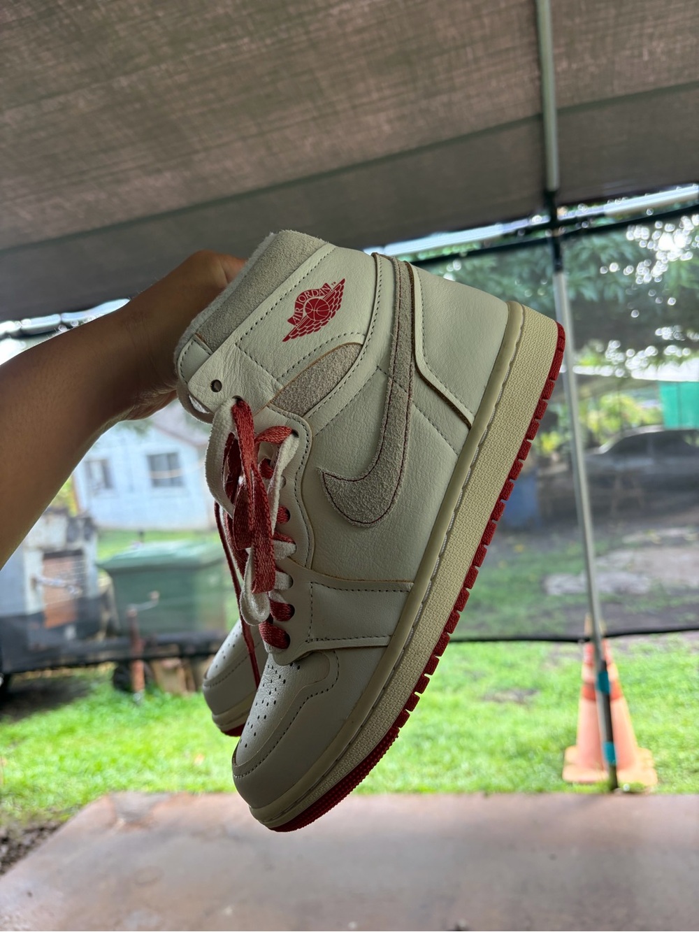 Women’s High-Top Leather Sneakers - Cream & Red